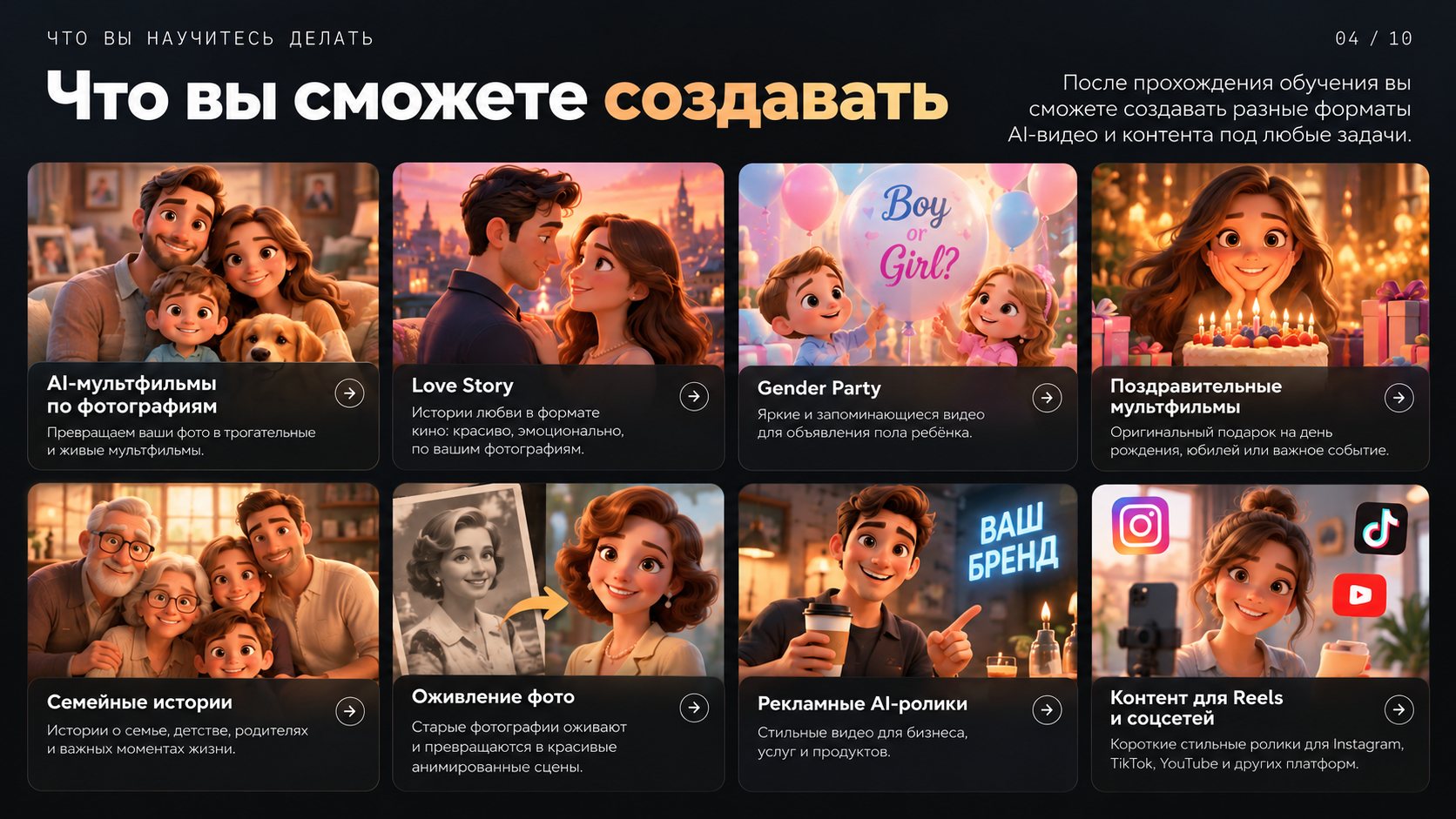 Восемь форматов: мультфильмы по фото, love story, gender party, поздравления, семейные истории, оживление фото, рекламные ролики, контент для соцсетей